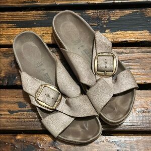 Birkenstock Sandals with Big Gold Buckles